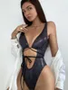 Style de maillots de bain féminin Hollow Sexy Femmes Pu Leather One Piece Swimsuit Mujer Trikini Maio Biquini Badpak Dames Bikini Maillot Femme