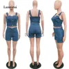 Women's Two Piece Pants Sexy Women 2 Two Piece Set Summer Denim Set Sleeveless Jeans Crop Top + Shorts Suit Blue Denim Matching Set Outfit J230713