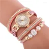 Montres-bracelets Bracelet Vintage Bracelet de montre à quartz Perles de feuille pour les femmes Poignet avec tissage Wrap Cuir