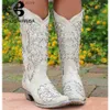 Boots BONJOMARISA Brand High Quality Pointed Toe Embroidery Chunky Heels Western Boots For Women Cowboy Walking Casual Riding Boots T230713