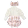 Conjuntos de roupas manga longa primavera conjunto boutique puff top com shorts xadrez com babados menina infantil terno de algodão elegante