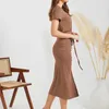 Casual Dresses Summer Hip-Wrapped Dress V Neck High Midist Hem Split Midi Drawstring Hip European Fashion For Cocktail Party