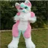 costume Profession made Pink Long Fur Furry Fox Wolf Husky Dog Mascot Costume Fursuit Adult Cartoon Christmas party253d
