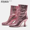 Boots Eilyken Fashion Design Round Toe Women Ankle Boots High Heels Green Silver Sexy Nightclub Slip On Lady Chelsea Shoes Handmade T230713