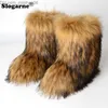 Pantofole 2023 Stivali invernali in pelliccia sintetica soffice Stivali da neve in pelliccia da donna Calzature di peluche di lusso Ragazza Scarpe in pelliccia di volpe Piattaforma 3CM Taglia grande 46 Z230719