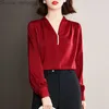 Polos pour femmes en satin rouge élégant et unique perlé col en V bureau chemise décontractée pour femmes d'affaires mode à manches longues lâche haut de banlieue Blusas pour femmes Z230713