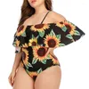 Vrouwen Badmode Vrouwen Plus Size Een Stuk Badpak Sexy Off Shoulder Tummy Control Monokini Zonnebloem Print Flounce Verstoorde Badpak