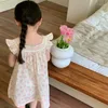 Girl Dresses 2-6Years Girls Summer 2023 Korean Fashion Kids Flying Sleeve Princess Dress Cute Floral Baby Cotton