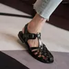 Sandalen retro handgemaakte echt lederen plat gebreide vrouwen mode voor vrouw 2023 zomer holle Romeinse stijl schoenen big size 43