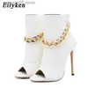 Boots Eilyken CHAIN Metal Decoration High Heel White Women Boots Cover Heel For Party Peep Toe Ladies Sandals Shoes T230713