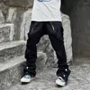 Calças masculinas moda morcego botão zíper patchwork punk preto branco streetwear harajuku hip hop masculino