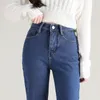 Женщины тепловые джинсы гарем теплый плюш высокая талия растягиваются винтажные голубы
