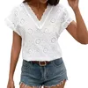 Blusas femininas de verão babados decote em V manga morcego solta camisa oca branca camiseta feminina manga curta