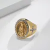 Bröllopsringar Vintage Virgin Mary Cross Signet Rings med AAA Cubic Zirconia Trendy Gold Color Rostfritt stål smycken för kvinnlig kvinnlig gåva 230713