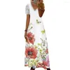 Robes décontractées femmes robe d'été fleur imprimé dentelle Patchwork manches courtes col en V a-ligne transparent plage Maxi vêtements