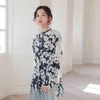 Women's stand collar lace patched batwing sleeve loose print flower blouse shirt SML