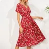 Freizeitkleider Damen V-Ausschnitt Urlaub Blumendruck Kleid Damen Sommer Kurzarm