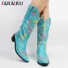 Buty marka Halloween kobiety Mid Calf Boots Chunky Heels Plus Size Classic Retro Vintage Cowboy Cowgirl Boots Autumn Winter Buty Woman T230713