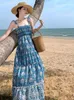 Sukienki na co dzień letni nadruk Boho kobiety w stylu Vintage eleganckie seksowne wakacje na plaży Sundress kobieta Party Slip długa sukienka bez pleców szata z wysokim stanem