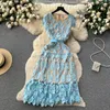 Casual Dresses Fashion Summer Long Lace Dress Women's O-Neck broderi ihålig ut rosa blå elegant bälte kortärmad midi vestido emo 2023