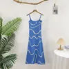 Vestidos casuais verão vestido evasê para mulheres moda coreana retrô onda listra fino malha sling feminino sem alças vestidos longos