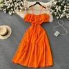 Casual Dresses Blue Yellow Fashion High Street Midi Long Dress Women Hollow Out Sexy Strapless Backless Beach Vacation Robe SR752