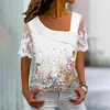 Damesblouses Zomer Kleurrijk Bloemenprint T-shirt Schuine kraag Kantstiksel Korte mouw Loose Fit Pullover Tops Streetwear