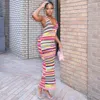 Vestidos Casuais Lã De Malha Maxi Para Mulheres Halter Gola Pendurada Bodycon Vestido Longo Sem Mangas Costas Ocas Vestidos Listras