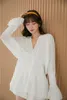 Women's T Shirt Elegant Women Loose White V Neck Pleated Shirts Female Lantern Full Sleeve Tops Blouses Casual Blusas 2023 Spring Autumn DS4 230712