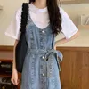 Casual Dresses French Denim Strap Dress Women's 2023 Spring Autumn Season Waist Retraction Single Breasted Style