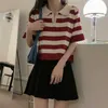 Tシャツの夏の服2021ポロストライプ短袖トップカジュアルTシャツ女性レトロ韓国ファッションG220612
