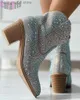 Stövlar 2023 Rhinestone Decor Zipper Design Boots For Women Chunky Heel Fashion Trendy Crystals Cowboy Boots Shoes T230713