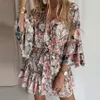Casual Kleider V-ausschnitt Kurzarm Floral Drucken Frau Mini Kleid 2023 Sommer Strand Lose Rüschen Femme Sommerkleid Rob