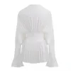 Women's T Shirt Elegant Women Loose White V Neck Pleated Shirts Female Lantern Full Sleeve Tops Blouses Casual Blusas 2023 Spring Autumn DS4 230712