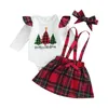 Clothing Sets Christmas Baby Girls Skirt Long Sleeve Tree Letters Print Romper Plaid/Tree Suspender Headband Baby's