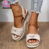 Sandal Straw Sandals Summer Fashion Ankle Buckle Peep Toe Single Shoes Wedge Heels Causal Lady Vintage Espadrille 230713
