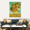 Impressionist Canvas Art Sunflowers Against Green Background Vincent Van Gogh Oil Painting Handmade Modern Bedroom Decor