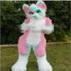 Kostym Yrke Made Pink Long Fur Furry Fox Wolf Husky Dog Mascot Costume Fursuit Adult Cartoon Christmas Party231h