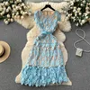 Casual Dresses Fashion Summer Long Lace Dress Women's O-Neck broderi ihålig ut rosa blå elegant bälte kortärmad midi vestido emo 2023