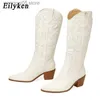 Botas Eilyken Designer Botas até o Joelho Feminino Bico Apontado Moda Artesanal Bordado Botas de Cowboy Ocidental Sapatos Femininos de Salto Alto T230713