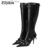 Boots Eilyken 2023 Winter Gold Silver Designer Women Knee High Heels Boots Punk Pointed Toe Motorcycle Sexy Long Retro Zapatos mujer T230713