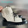 100% real leather Quilted Ankle Boots Womens Flat Boots luxury Designer Biker Platform Flats Combat Boots Low Heel Lace Booties Leather size 35-42