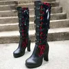 Stiefel BONJOMARISA Plateaustiefel für Frauen Schnüren Chunky High Heel Med Wadenstiefel Schmales Band Bogen Knoten Goth Gothic Schuhe Winter 2022 T230713