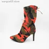 Bottes 2022 printemps talons hauts bout pointu mi-mollet bottes pour femmes mode camouflage imprimé stiletto à lacets chaussures pour femmes Botas Mujer T230713
