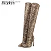 Stövlar Eilyen Leopard Grain Serpentine Long Boots Women High Heel Boot Pointed Toe Sexiga klubbskor Lår högt över knästövlarna T230713