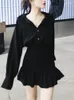 Sukienki swobodne czarne gotycka damska sukienka koszuli francuski styl retro mini mini długi rękaw elegancka elegancka tunik