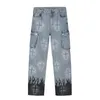 Calça Jeans Punk Masculina Harajuku Flame Cross Print Color Block Baggy Masculino Calça Reta Multibolsos Outono Inverno 230712