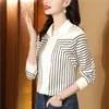 2023 Luxe ontwerper Silk Striped Blouses Lange mouw dames runway knop shirts lente herfst kantoor dames elegante revers blouse zoete meid casual satijnen tops