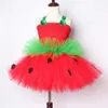Vestidos de menina vermelho verde morango vestidos para meninas vestido tutu de princesa com flores faixa de cabeça infantil fantasia de menina para festa de aniversárioHKD230712