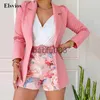 Womens Two Piece Pants Dome Cameras Fashion Women Long Sleeve Blazer Outfits Casual Office Lady Coat Tops And Floral Print Shorts Set Elegant Spring Summe J230713